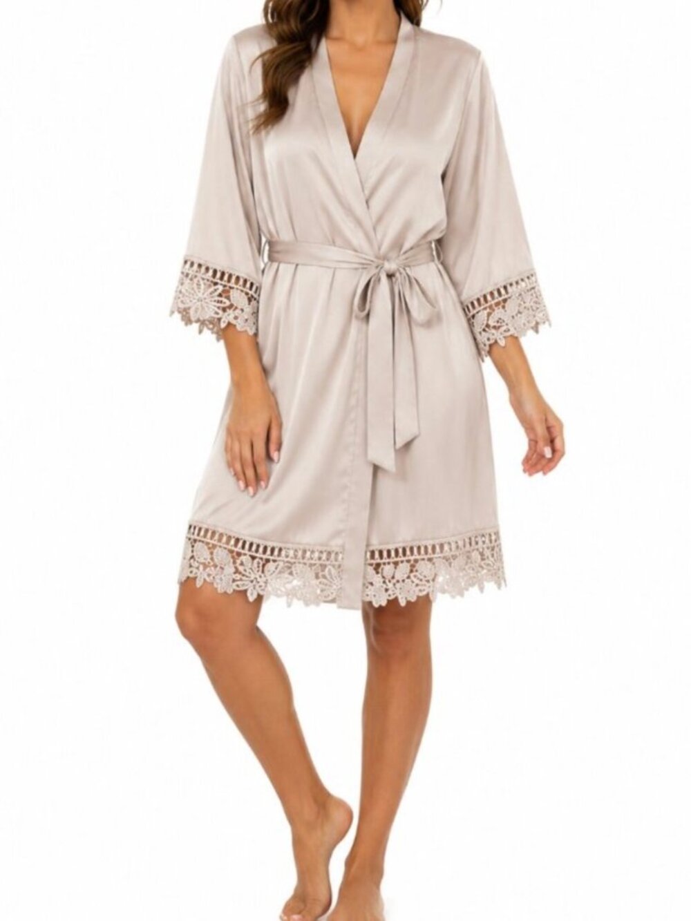 Le Rose Champagne Satin Lace Trim Kimono Robe Bridal Tie Waist S/M